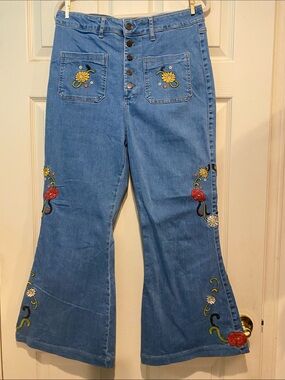 The Hippie Shake Embroidered Light Blue Flare Jeans - Women's Wide Leg